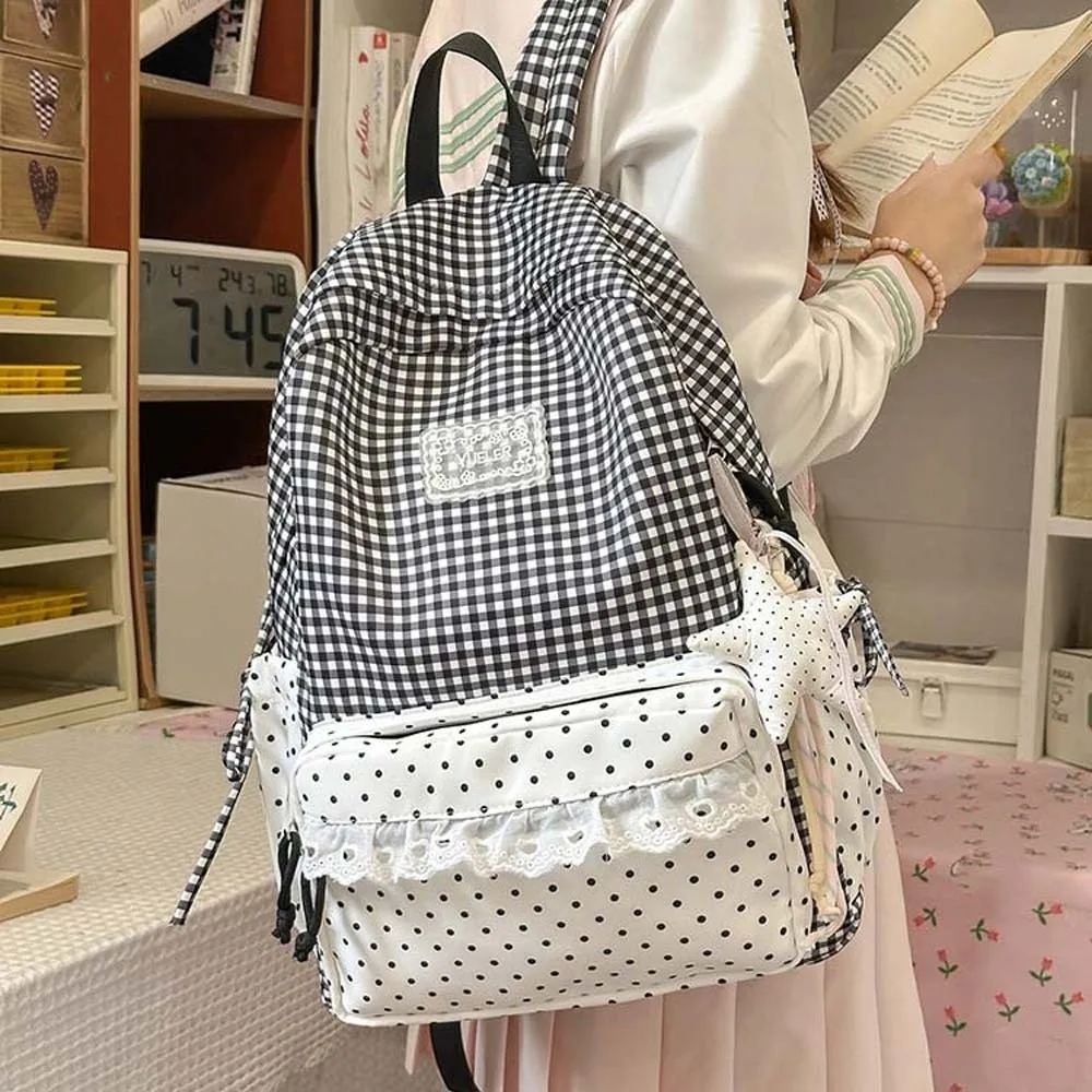 Koreanischer Stil Karierter Rucksack mit Rüschen-Design, Pastellfarben, Spitzen-Schultasche, Leichtgewicht, Große Kapazität, Gingham-Tagesrucksack, Comic Con Otaku – Detail 3