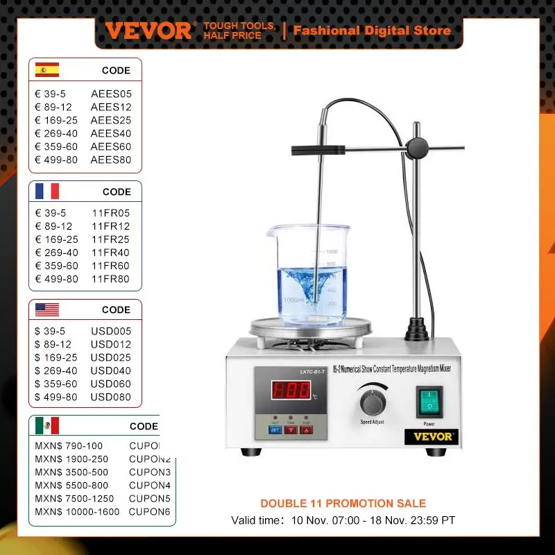 VEVOR 1L Heating Magnetic Stirrer Hot Plate W/ Stir Bar 0-2000R/Min Vortex Mixer Distillation Kit Chemistry Laboratory Equipment