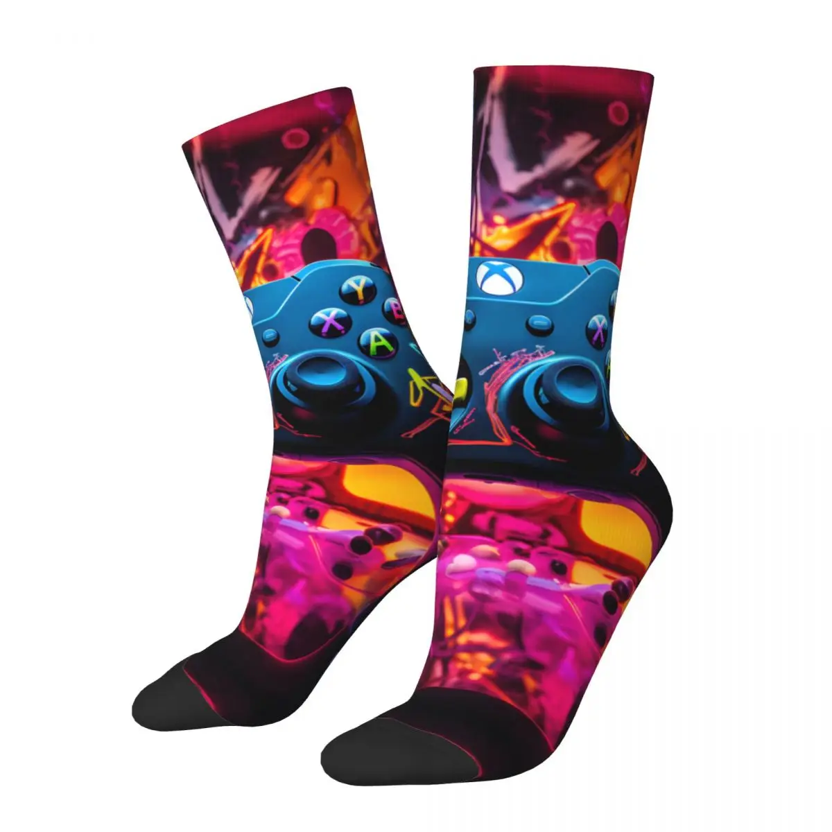 Gamer Controller Pattern Stockings Abstract Neon Art Design Fun Socks Autumn Non Slip Socks Women Men Skateboard Warm Soft Socks