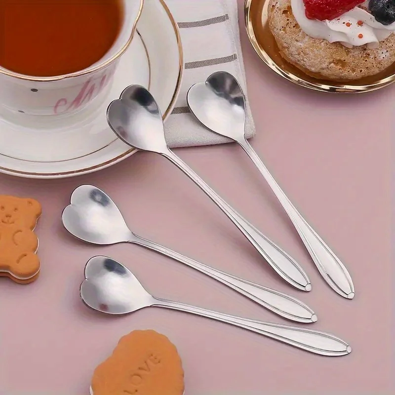 Polished Stainless Steel Heart-Shaped Coffee Spoons Set of 4 - Durable Mixing Flatware for Home, Kitchen, Restaurant