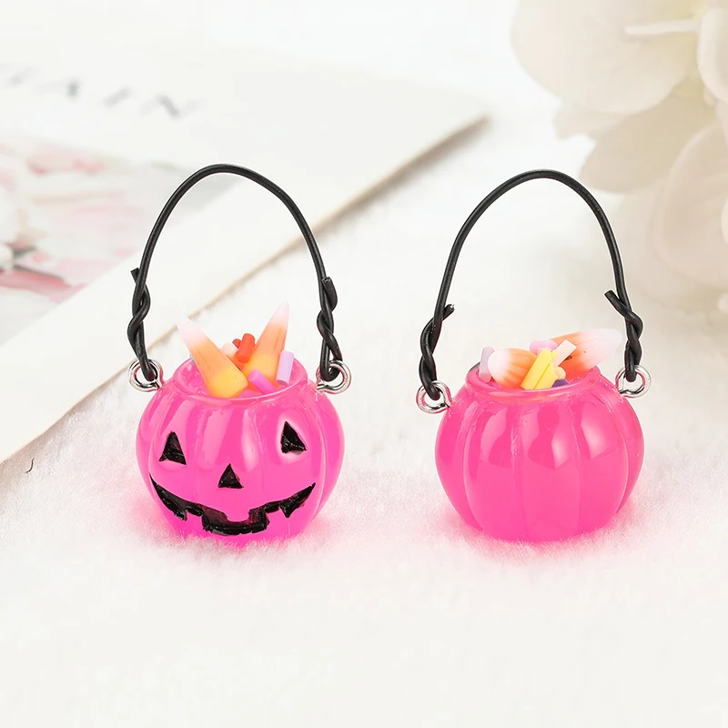 4Pcs Halloween Charm 3D Resin Pumpkin Basket Pendant Fashion Accessories For Diy Making