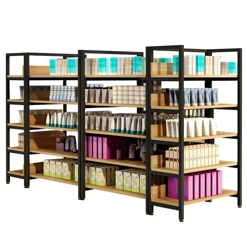 【Hot】Customized. Supermarket Shelf Island Rack Convenience Store Product Display Rack Double-Sided Cargo Steel Wood Stationery S