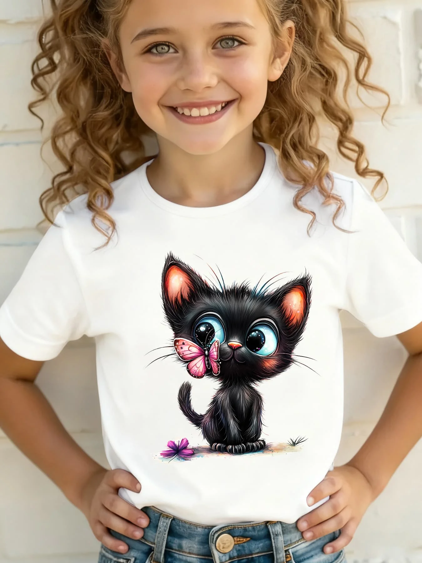 Black Kitten Pink Butterfly Family Matching Cotton T Shirts Short Sleeve Crew Neck Summer Tees For Mom Dad Boys Girls Daily Tops