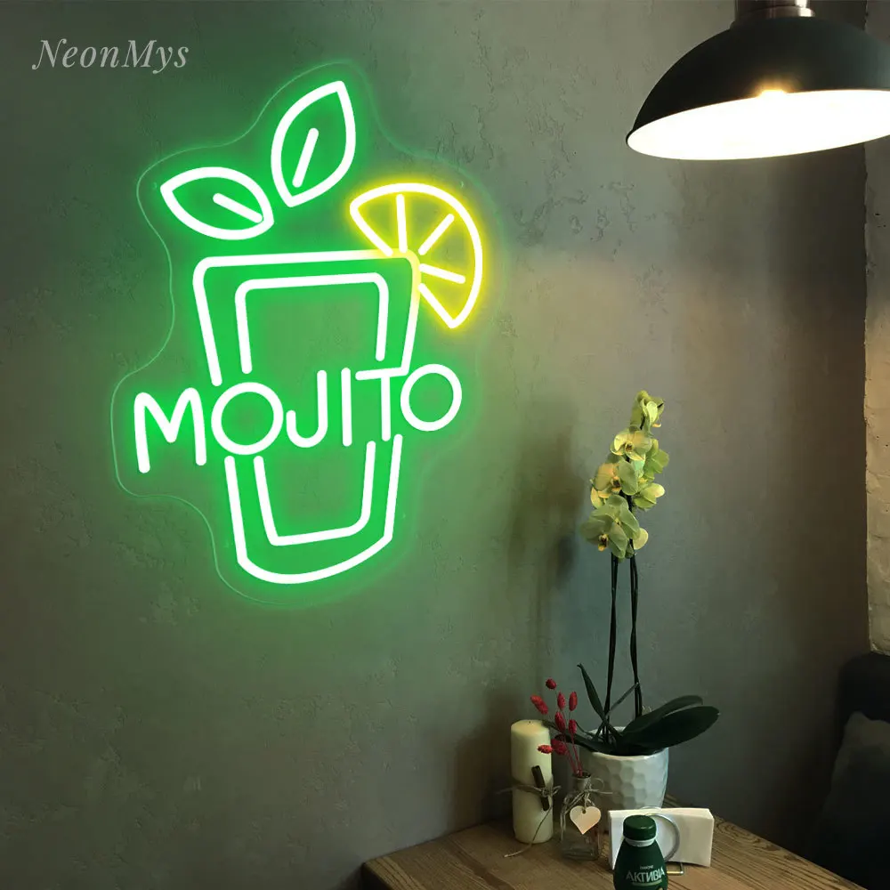 Mojito-Enseigne au néon en verre à vin pour cocktails, enseigne lumineuse à LED, lumières au néon à intensité variable pour bar, club, boutique, hôtel, pub, décoration murale de fête