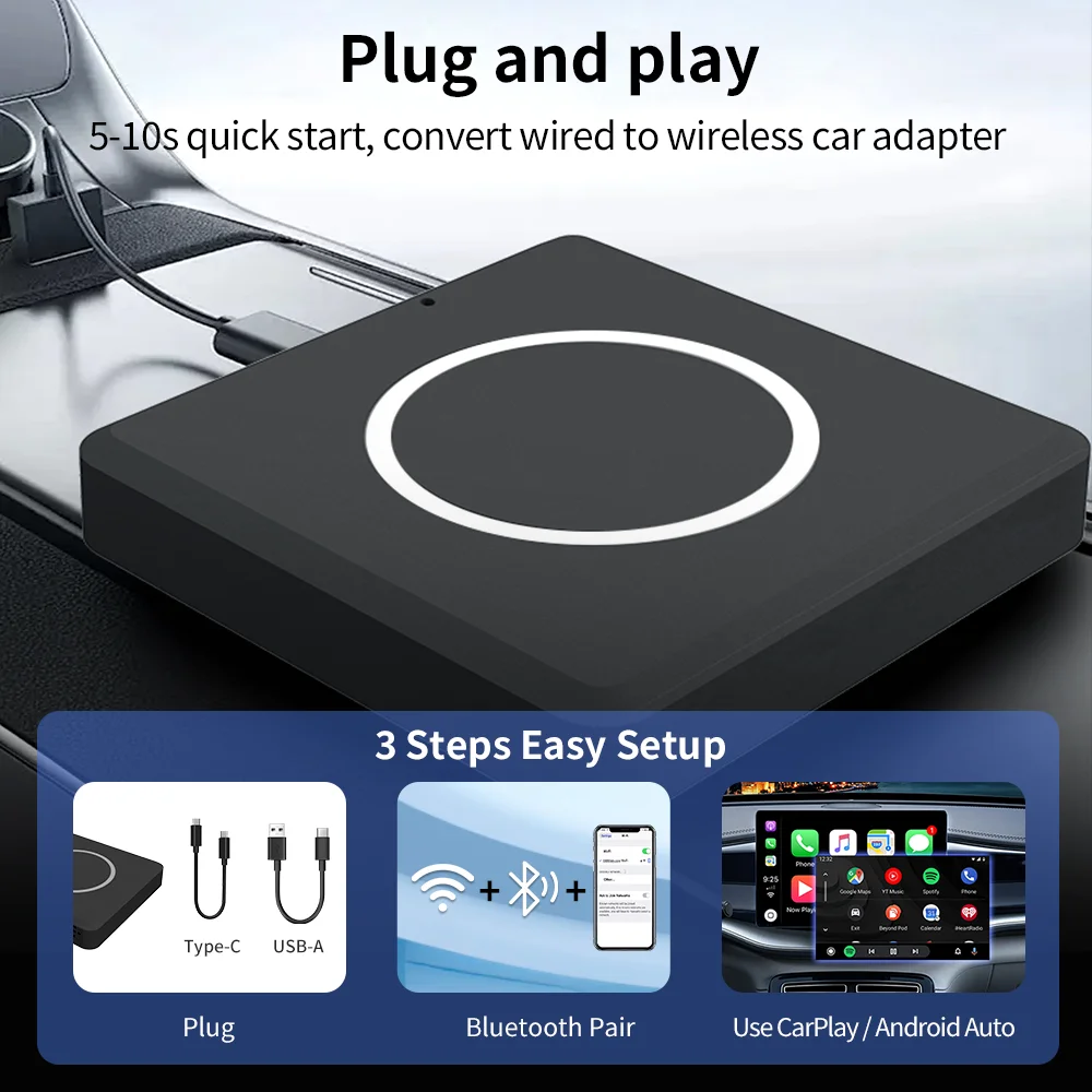 Imagebon-Adaptateur CarPlay filaire sans fil, Android Auto Dongle, Smart Mini Box, Plug matchs Play, WiFi, Rapide, allergique, 2 en 1