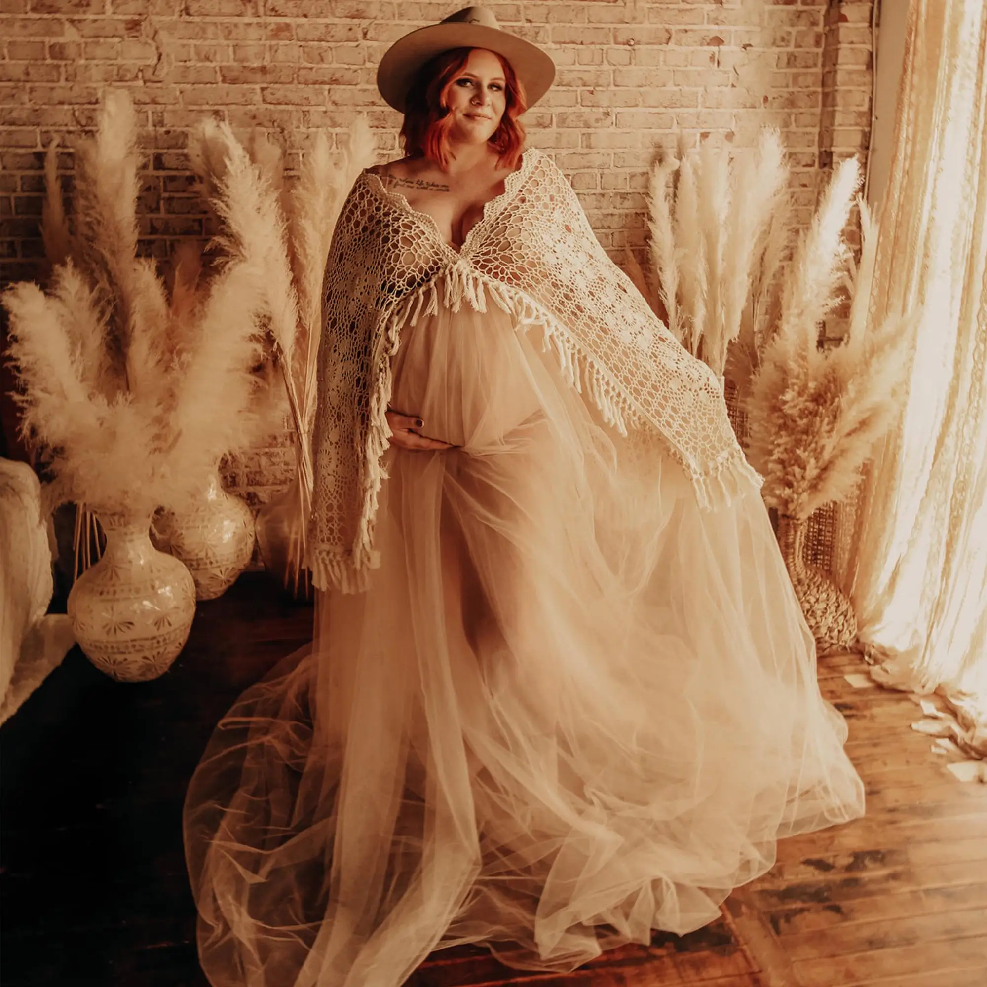 

Don&Judy Maternity Photography Boho Pregnant Dresses With A Shawl Tulle Chiffon Bohemian Photo Shooting Pregnancy Dress