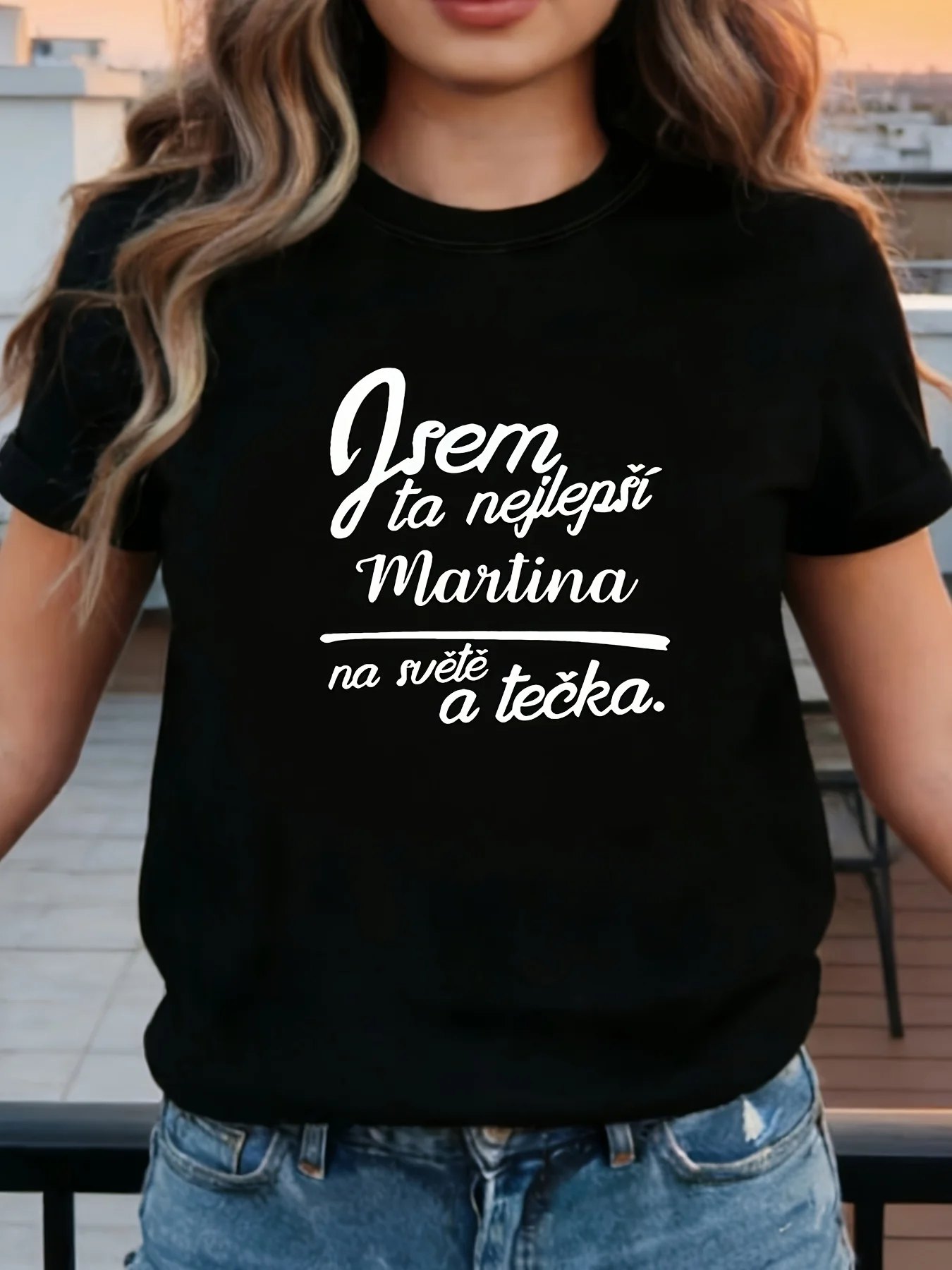 Women Czech Jsem Ta Nejlepší Martina Name Text Print Crew Neck Short Sleeve T Shirt Soft Stretch Casual Layering Basic Tee