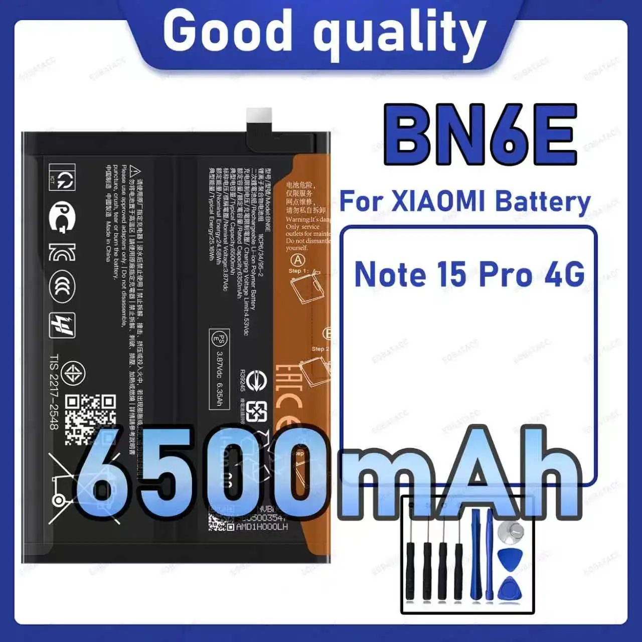 BN6E 6500mAh Large capacity Battery For Xiaomi Note 15 Pro 4G Batteries New High Quanlity+Free Tools