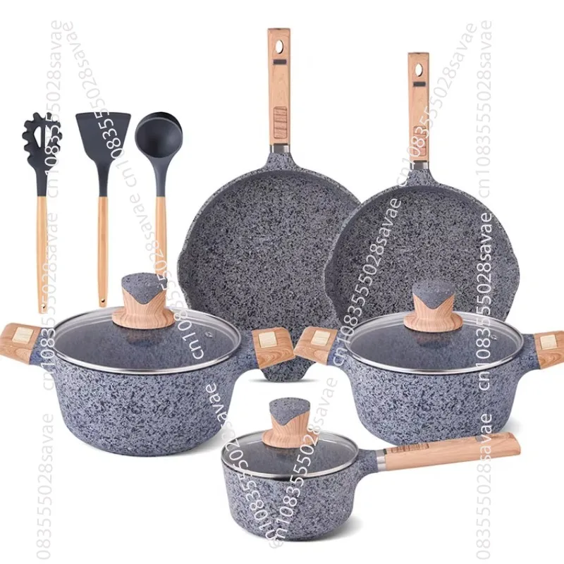 Kitchenware die-cast granite steak stone non-stick cookware set with glass cover