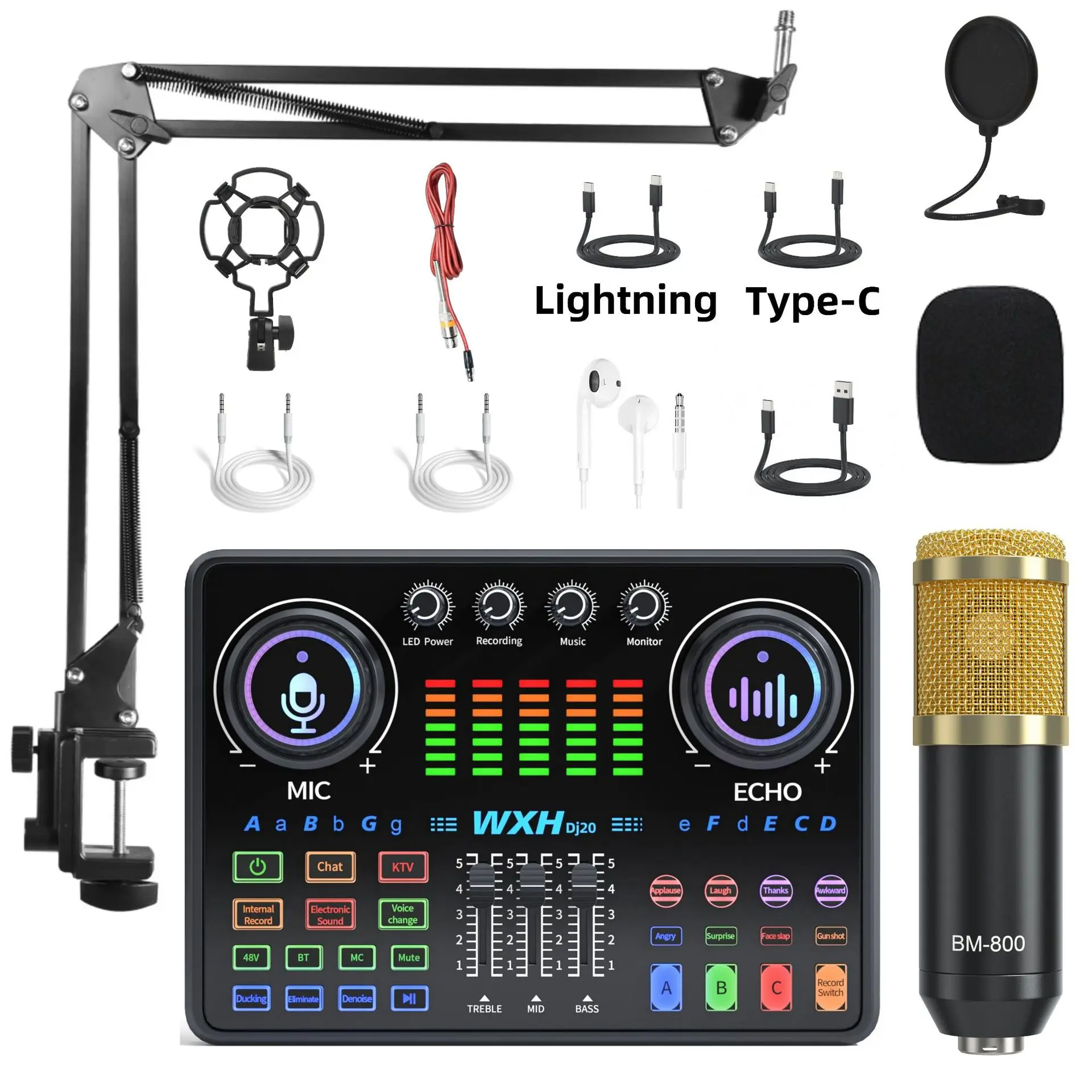 BM800 Microphone DJ20 Sound Card Podcast Equipment Live Broadcasting Music Recording Mixer Mic Kit Condenser Soundcard Set