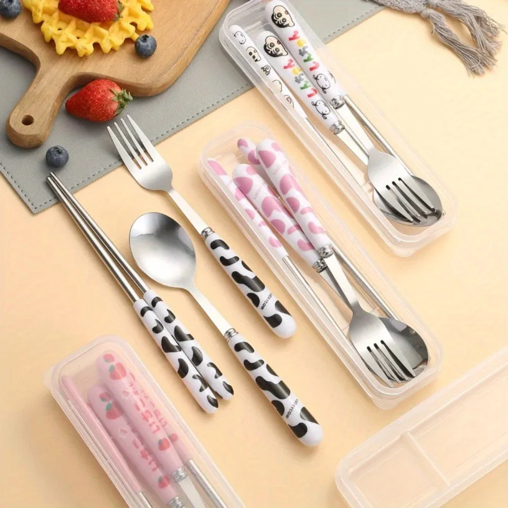 Cartoon Cow Cutlery Spoon Fork Chopsticks Stainless Steel Portable Travel Lunch Tableware Dinnerware Sets Kitchen Accessories