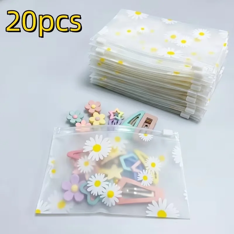20 Pieces Daisy Pattern Frosted Plastic Zipper Bags Reusable Transparent Storage for Cosmetics Jewelry Organizing