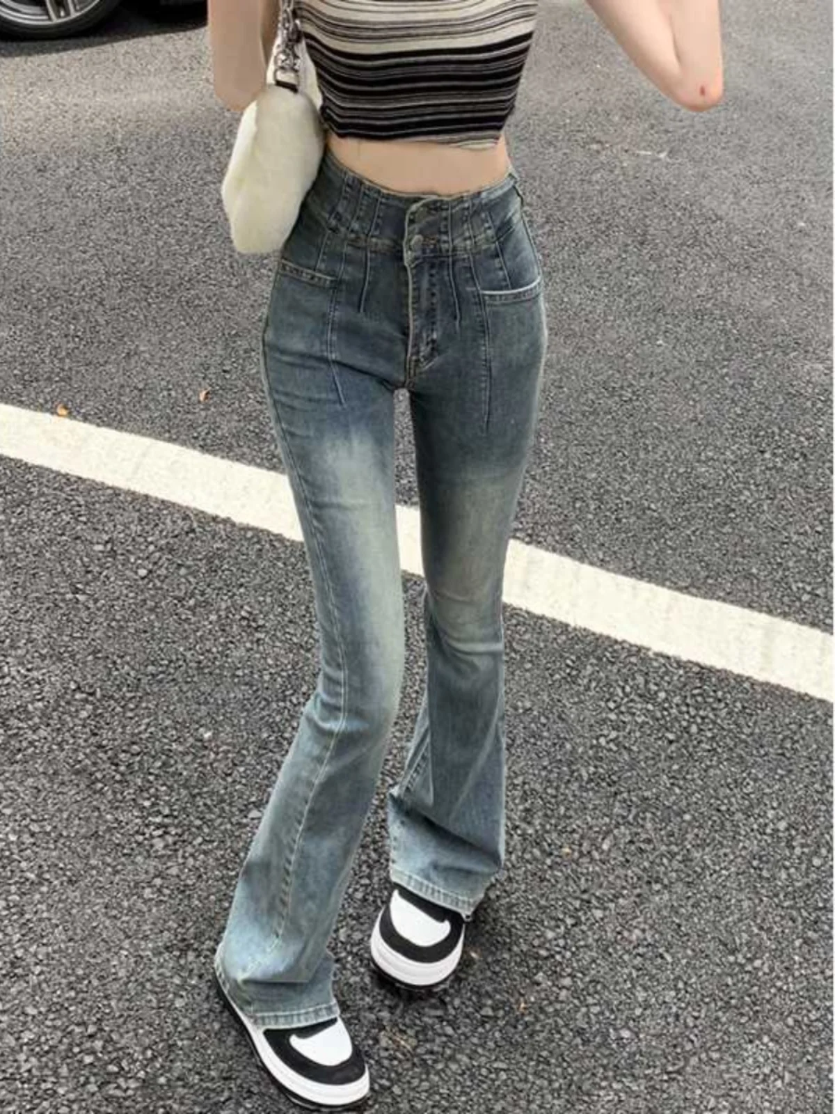 

Джинсы-колокольчики в американском стиле ретро с высокой талией, женские эластичные утягивающие прямые длинные брюки небольшого размера, хлопковые эластичные джинсы