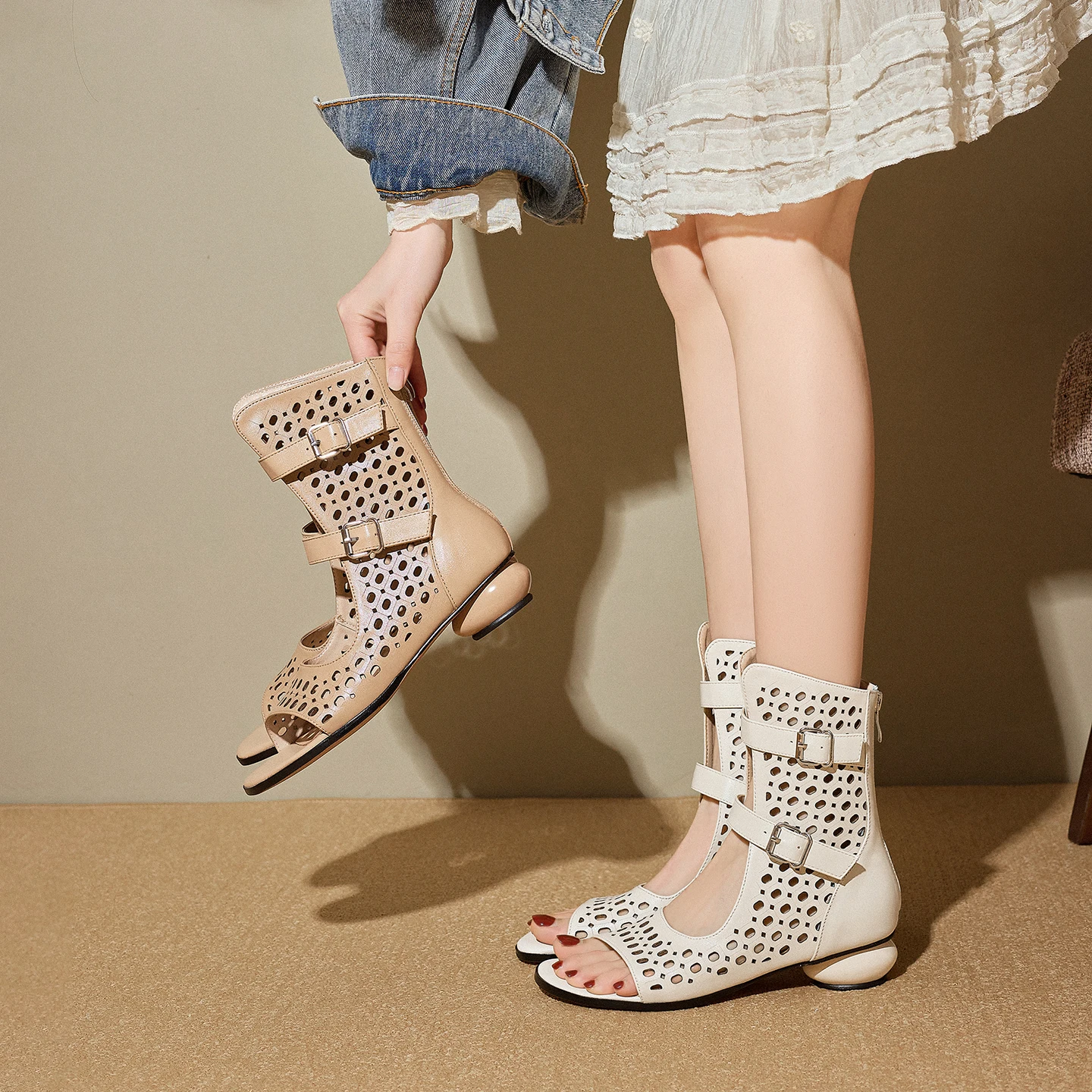 

Fashion Women Hollow Out Ankle Boots Summer Breathable Sandals Open Toe Pumps Genuine Leather Shoes Office Party Dress Size34-43