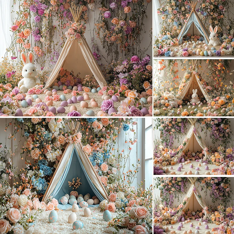 

Фон для фотосъемки LS, весенний пасхальный кролик, палатка, кемпинг, цветочные яйца, детский день рождения, портретный декор, фон для фотостудии