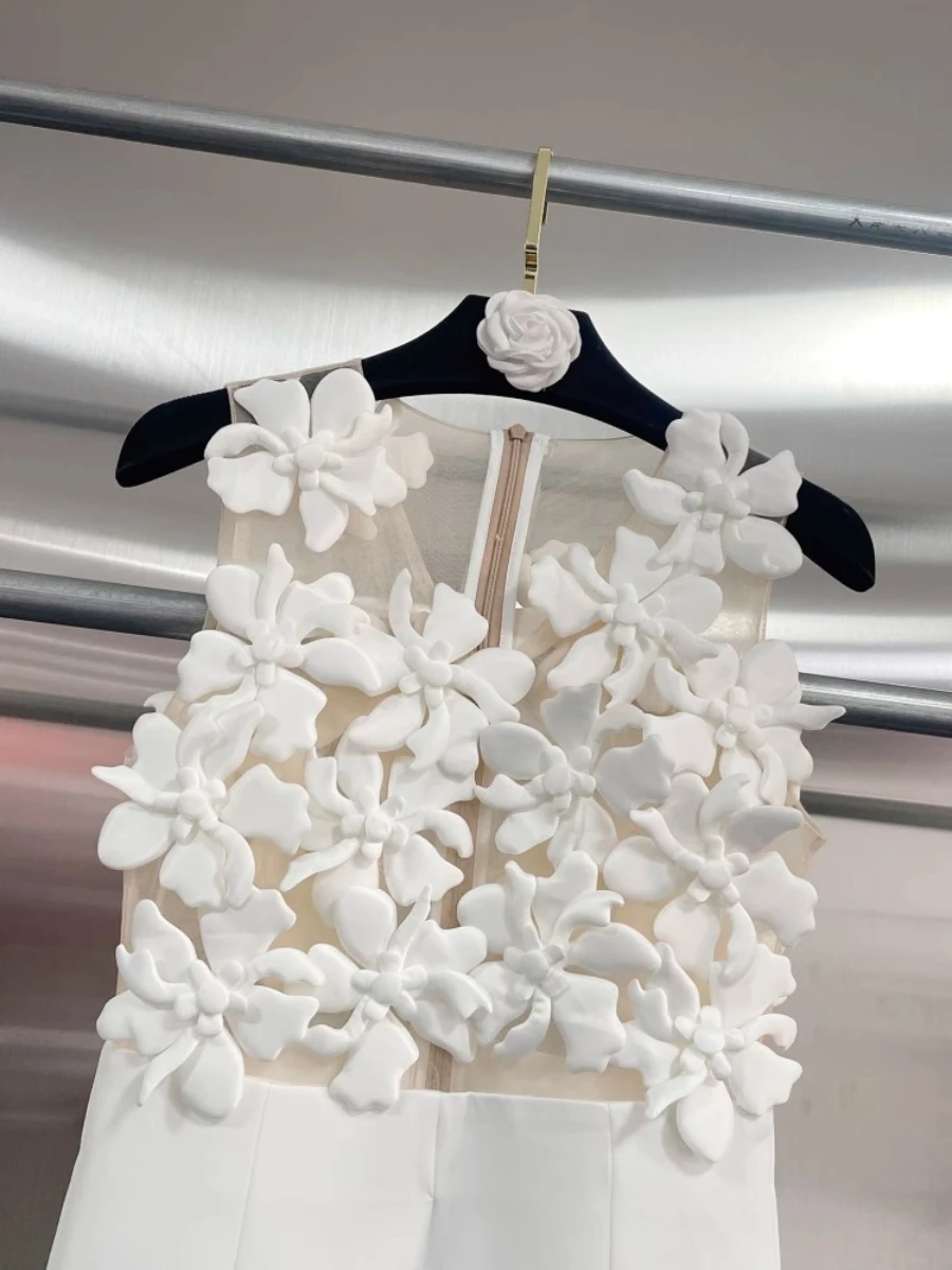 CHICEVER Tuta elegante con applicazioni impiombate ritagliate per Owmen O Collo senza maniche Vita alta Patchwork Zip Tute bianche Donna