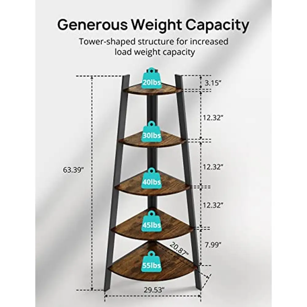 Tall 5 Tier Corner Shelf Rustic Bookshelf Industrial Plant Stand Display Rack