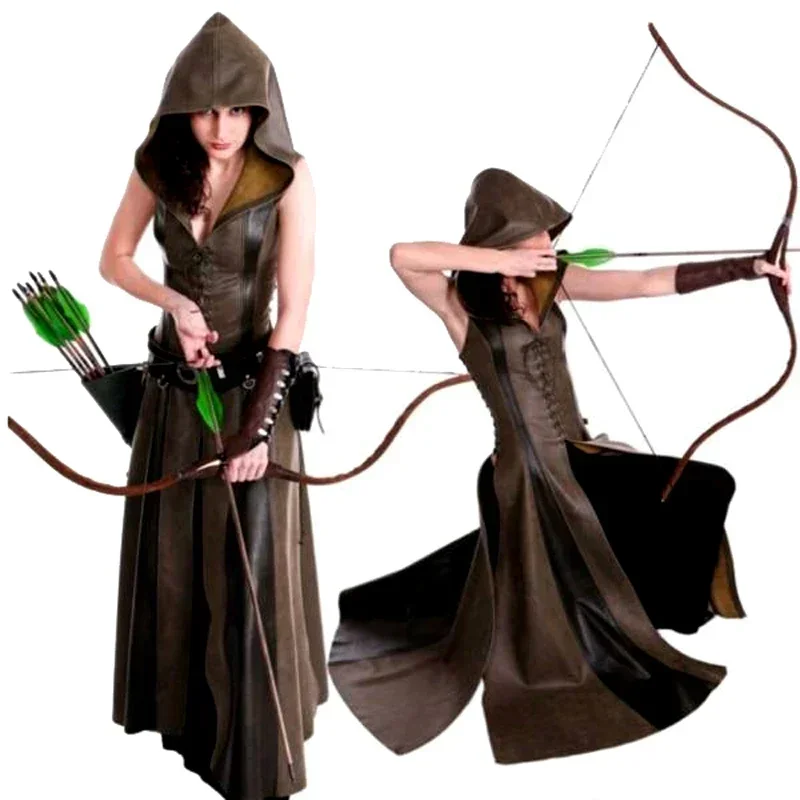 Vestido gótico con capucha de cuero con cordones para mujer, ropa de cosplay de ranger para adultos, góticos disfraces de Halloween, sexy