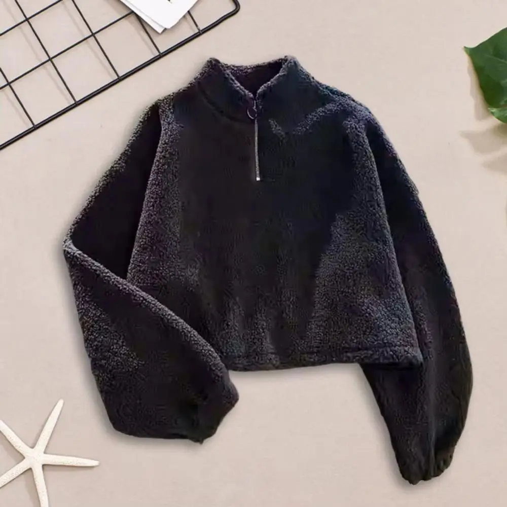 Women Winter Sweatshirt with Drawstring Hem Half-high Collar Thick Fleece Zipper Coat Neck Protection Short Type Long Sleeves Ke