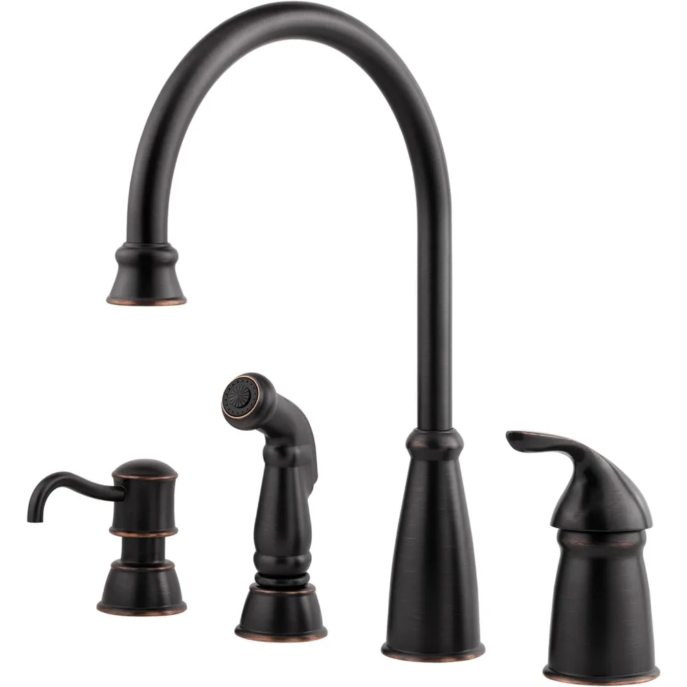 Kitchen Sink Faucet with Side Sprayer and Soap Dispenser, Single Handle, High Arc, Tuscan Bronze Finish