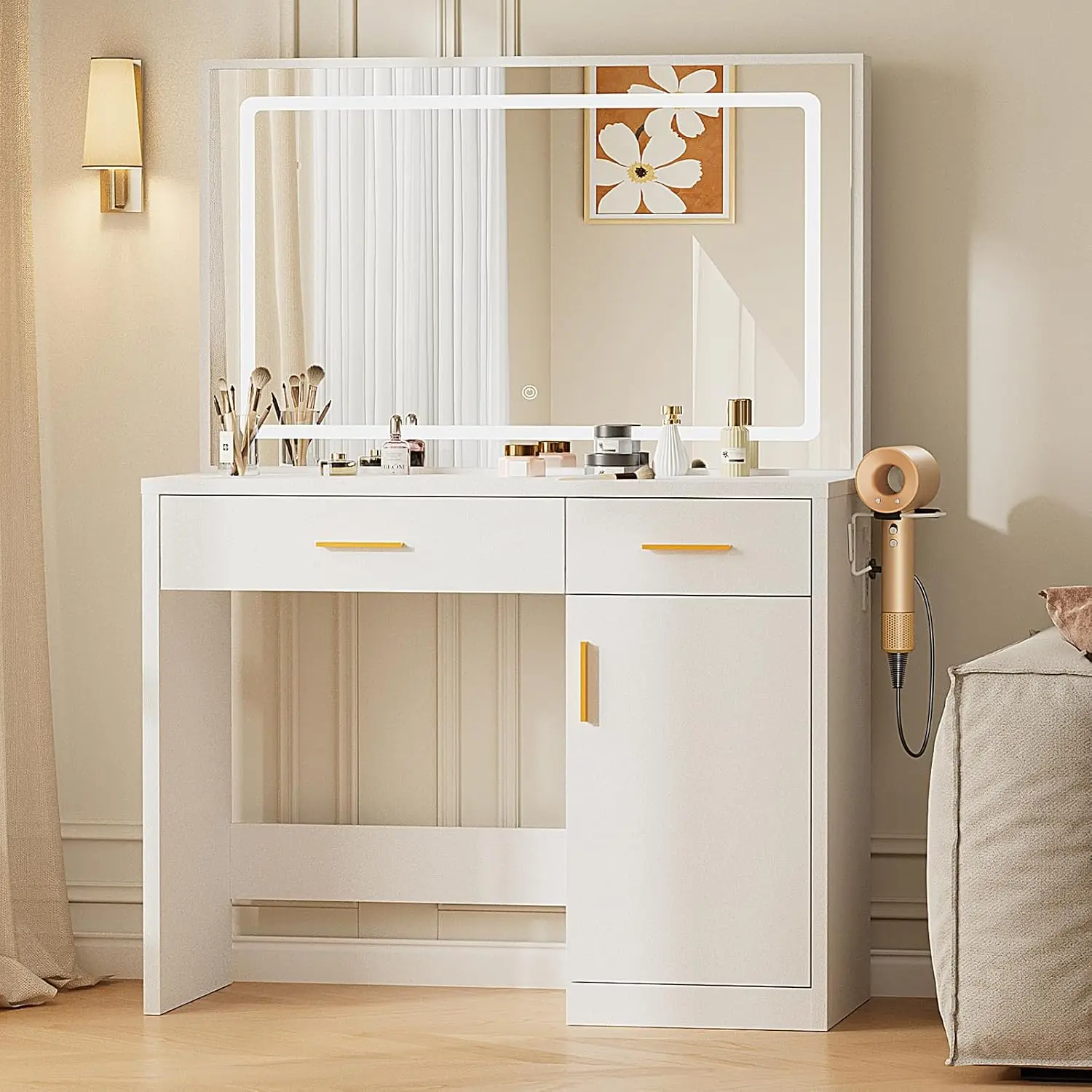 Makeup Vanity Desk, LED Mirror, Charging Station | Dressing Table, 2 Drawers, Large Cabinet, 3 Lighting Colors Adjustable