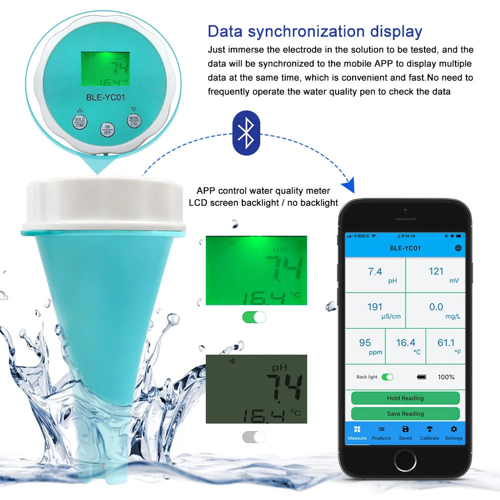 Yieryi New Blutooth Chlorine Meter for Chlorinated Aquarium Pool Fish Tank Water Professional PH ORP EC TDS CL Floating Monitor