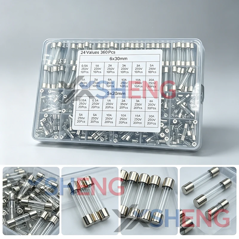 24Value-360PCS Ceramic Fuse Combination Box  5*20mm 6*30mm 250V 0.25A 0.5A 1A 2A 2.5A 3A 4A 5A 6A 8A 10A 15A 20A 5x20 6x30mm