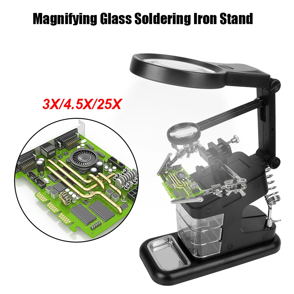 

DIY 3 Hand Welding Tool With 3X/4.5X/25X Magnifying Glass Illuminated LED Alligator Clip Holder Soldering Iron Stand