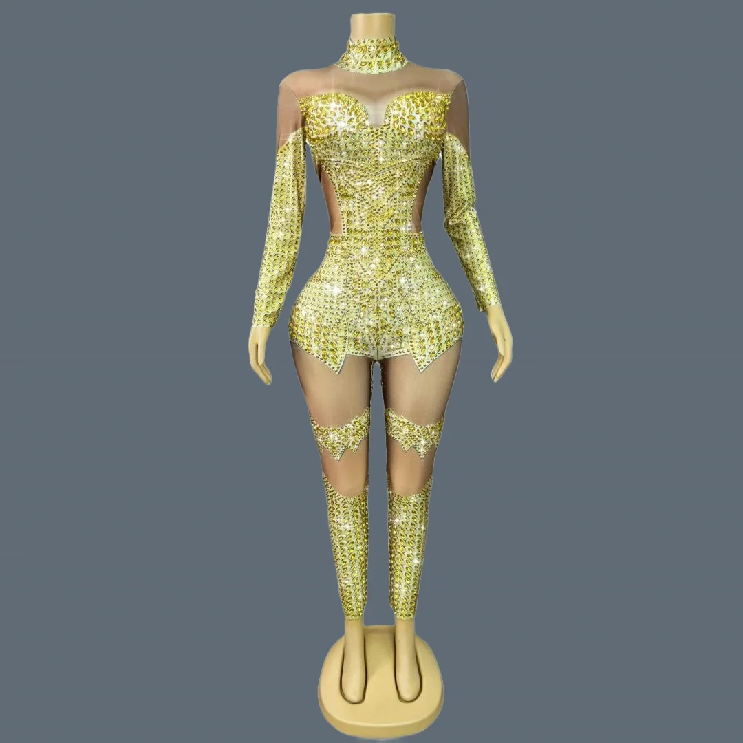 

Spandex Elastic Golden Crystals Sparkly Jumpsuit Women Club Drag Queen Performance Wear Party Tight Fitting Outfit Shengdoushi