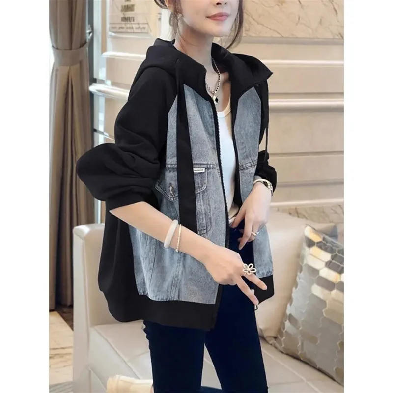 Black Denim Jacket Patchwork Hooded Coat For Women Baseball Jacket For Autumn And Winter 2023 New Vintage Denim Outwear Female