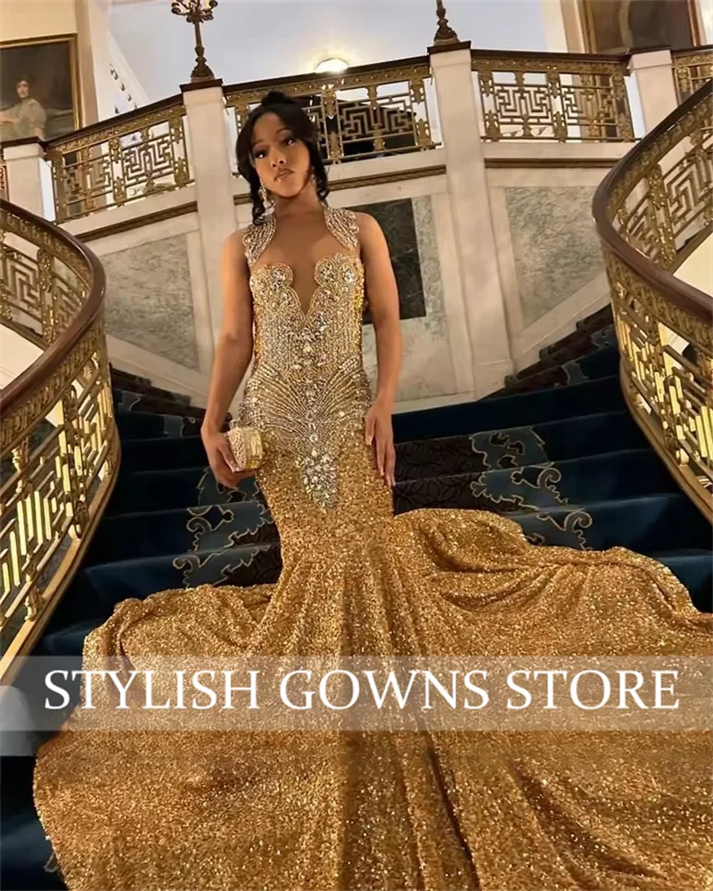 

Elegant Gold Diamonds Long Prom Dress Luxury Beads Crystals Sequins Mermaid Birthday Wedding Party Gown Customized