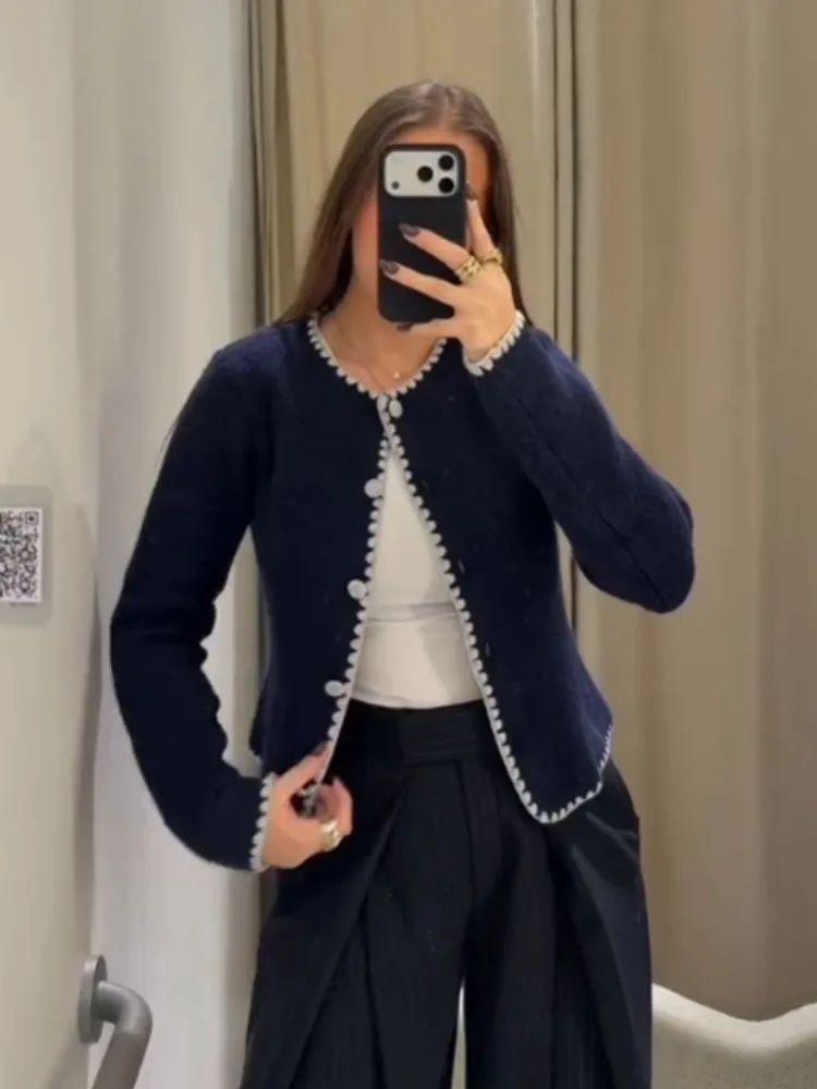 HH امرأة الشتاء موضة الجولة الرقبة الدانتيل والتطريز الديكور واحدة الصدر طويلة الأكمام محبوك سترة الإناث سليم صالح معطف #1