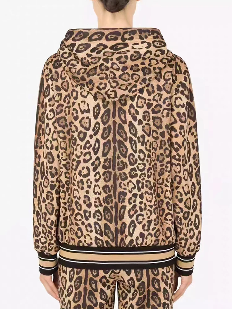 Vintage leopard print zipper hooded cardigan two-piece 2025 spring women's new + elastic waist nine-point pants fashion suit