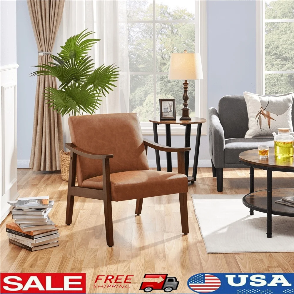 

Modern Accent Chair Faux Leather Upholstered Armchair with Wooden Frame Living Room Bedroom Office Retro Style