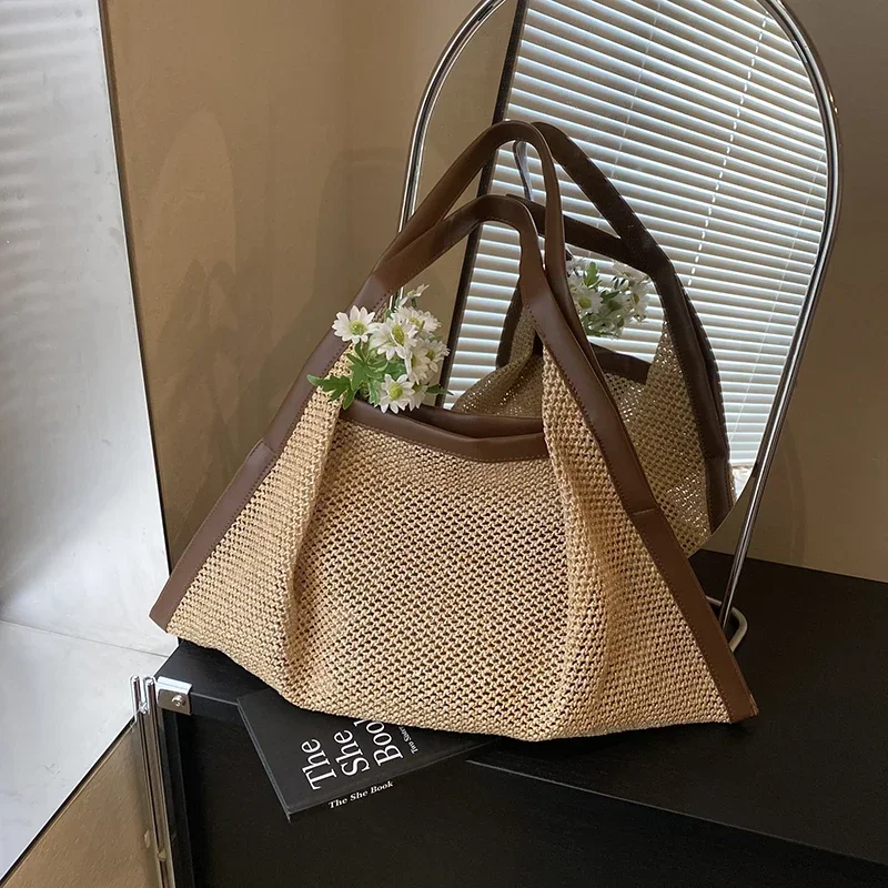

Straw Woven Hollow Out Shoulder Bags Large Capacity Beach Thread 2025 High Quality Women's Bags Patchwork Versatile Handbags