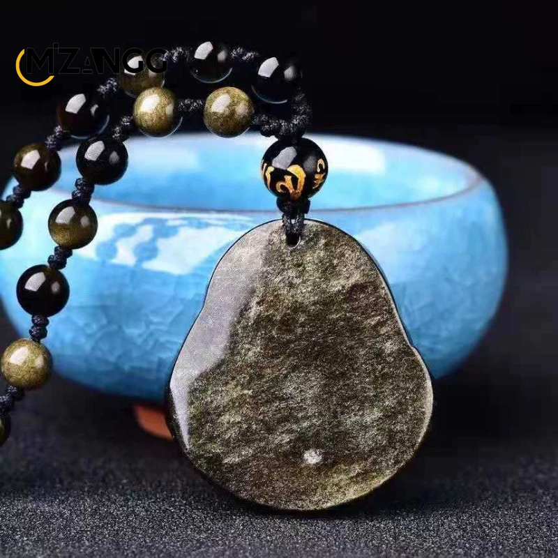 Natural Obsidian Buddha Pendant Gold Obsidian Maitreya Buddha Jade Necklace Sweater Chain Fashion Jewelry for Men and Women