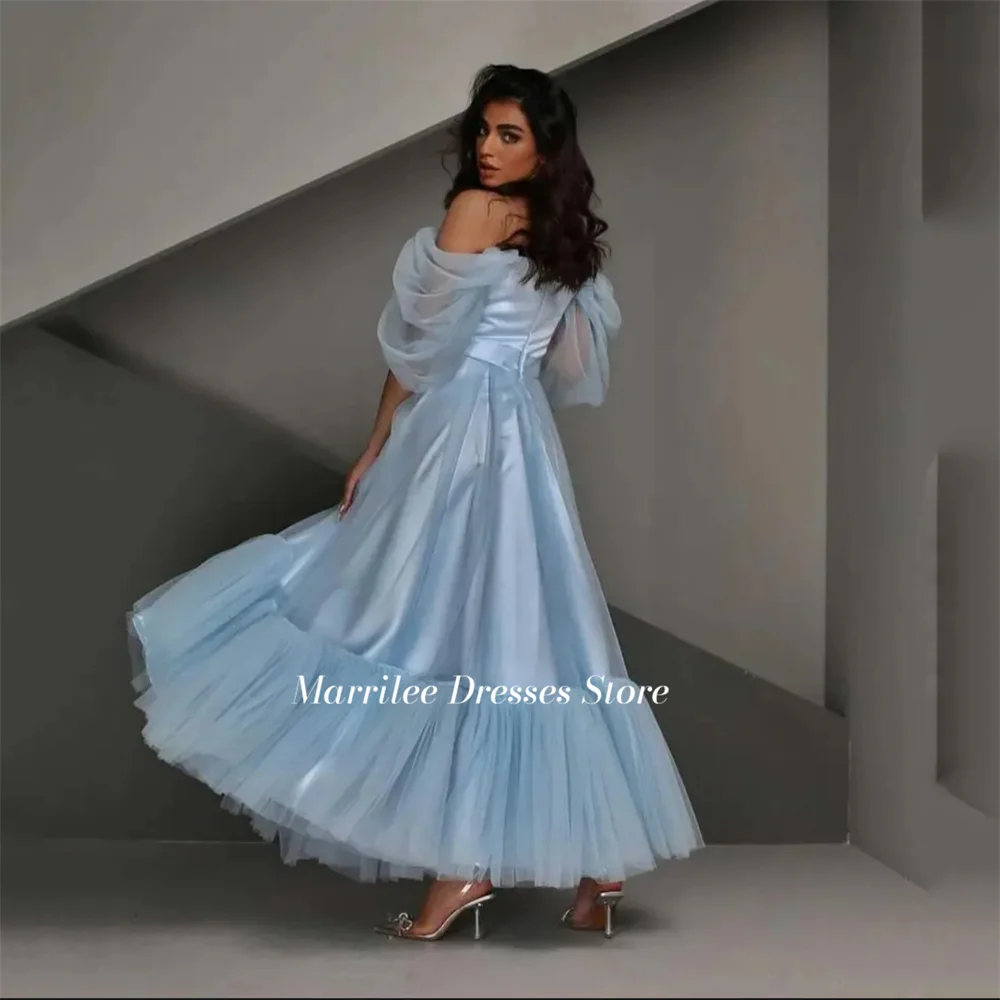 Marrilee Elegante Baby Blauwe Prinses Van De Schoudervlek Avondjurk Charmante Enkellange Mouwloze Tule Prom Party Jurken