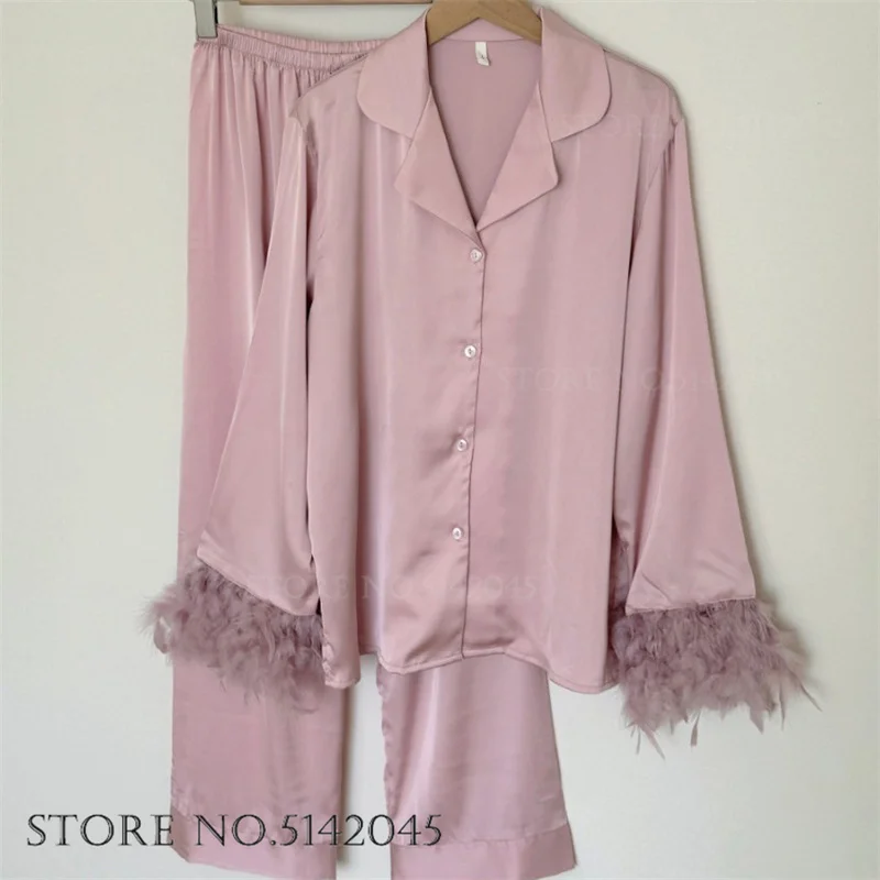 Trendy Feather Cuff Pajamas Set Loungewear Elegant Bride Wedding Party Sleepwear Gift Sexy Ice Silk Trouser Pijamas Homewear