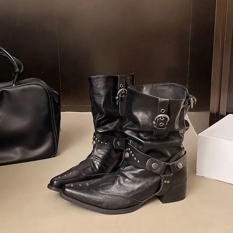 

Design Western Women's 2025 Autumn and Winter Punk Coarse Heel Black Niche Pointed Knight Boots