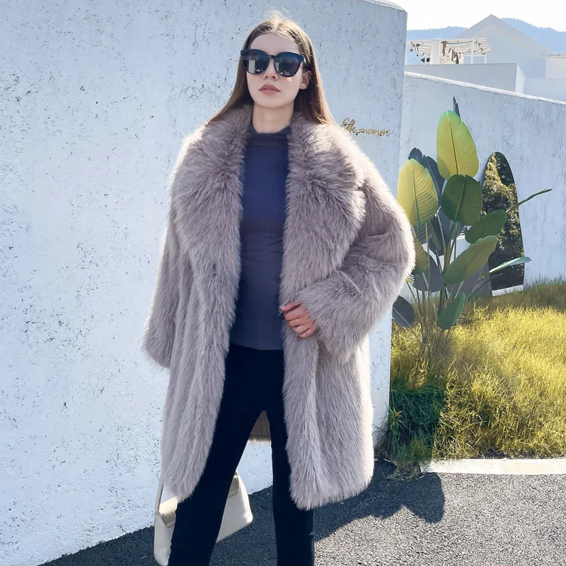 Furry Coat Women's Faux Fur Jacket Mid-length Suit Collar Loose Thick Warm Casual Jacket Long Artificial Fur Coat 2023 Outerwear