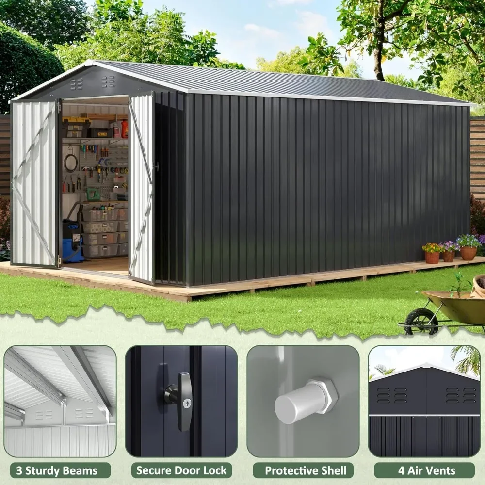 10x14 FT Outdoor Storage Shed, Utility Metal Tool Storage with Lockable Doors and Updated Frame Structure, Garden Shed Backyard