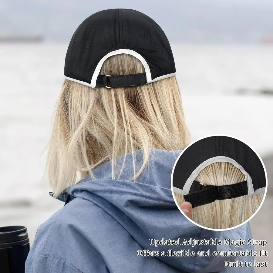 قبعة بيسبول مقاومة للماء مع نمط شعر بوب مستقيم، تاج ناعم قابل للتعديل، قبعة سريعة الجفاف للنساء، شعر صناعي قصير 14 بوصة
