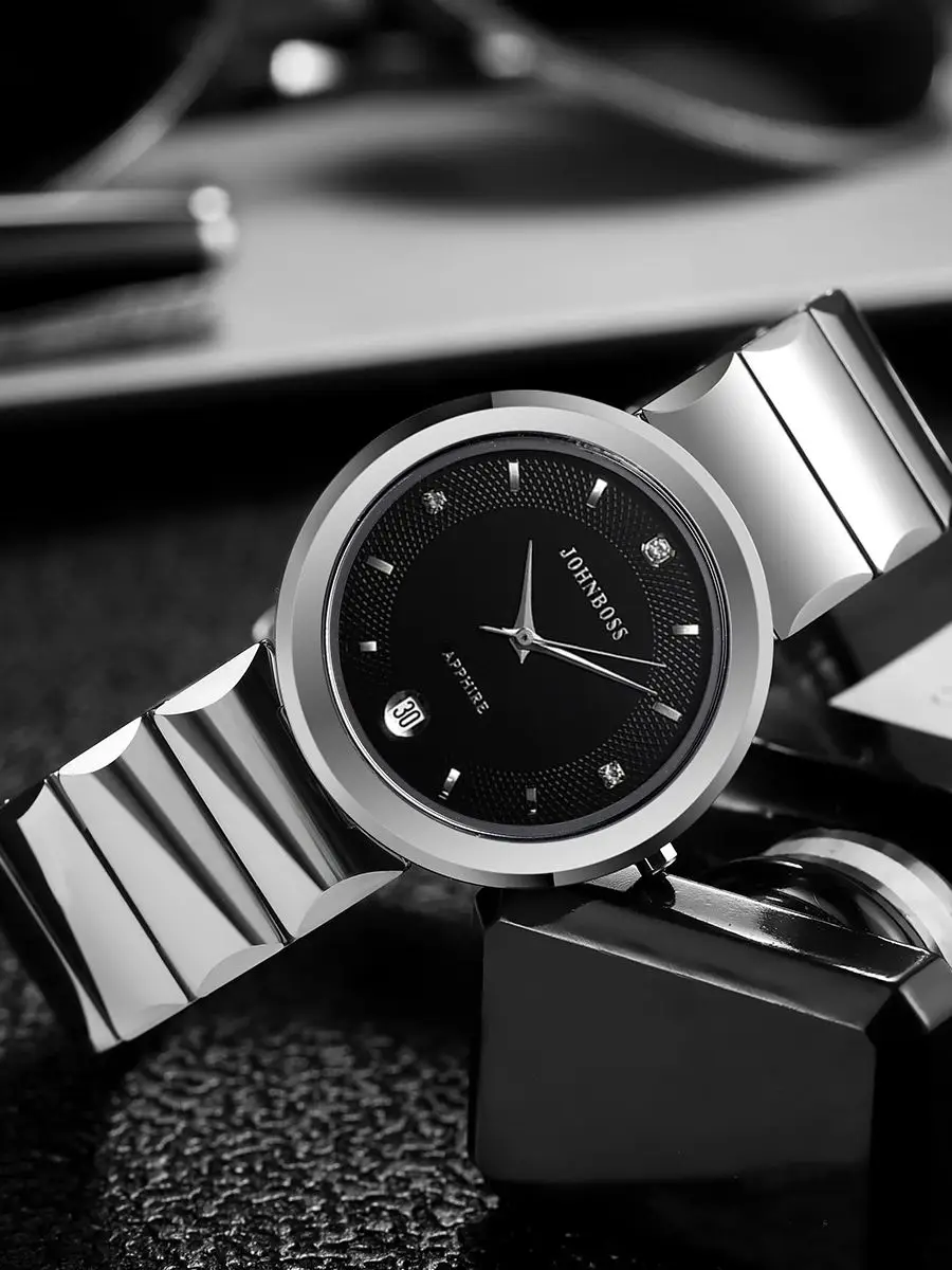 JS круглые водонепроницаемые часы из вольфрамовой стали с датой, мужские часы со швейцарским кварцевым механизмом и сапфировым стеклом, деловые часы