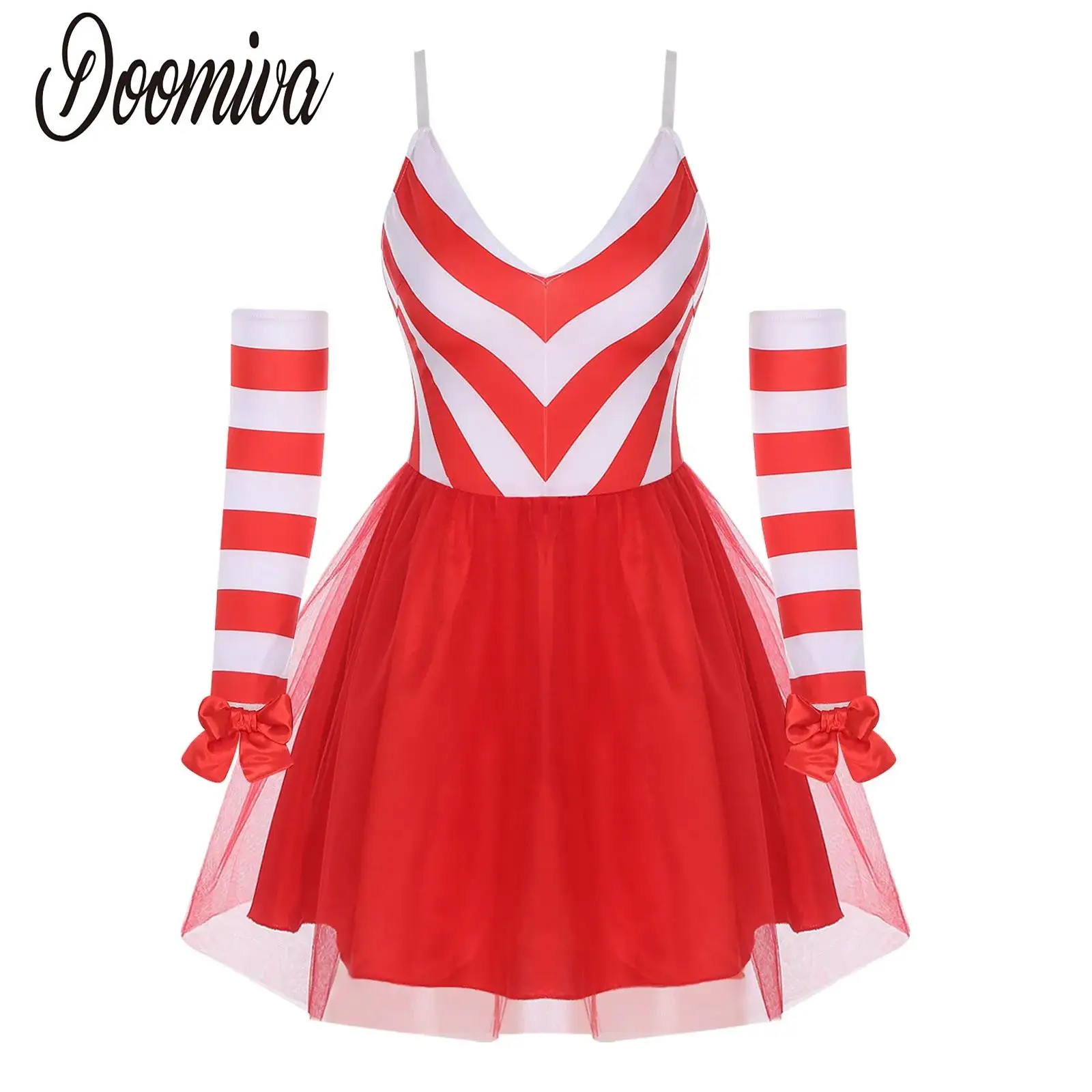 

Women Christmas Candy Cane Costume Outfits Skating Leotard Ballet Dance Wear Striped Bodice Sleeveless Tulle Dress with Gloves