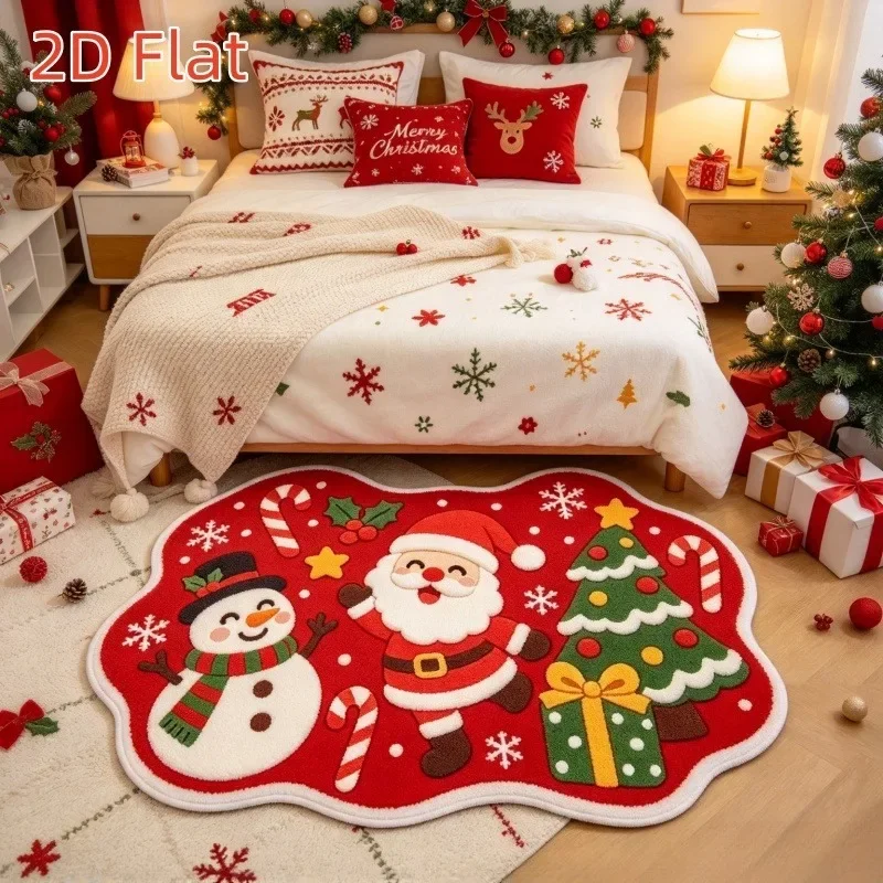 Red Xmas Santa Snowman Pattern Rug Christmas Room Decor Floor Mat lovely holiday decor to bring warm festive vibes to your spac