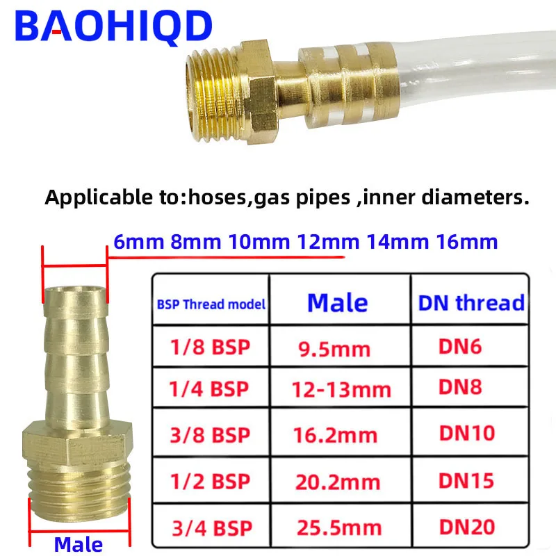 Mosiężny armatura do węży 6 8 10 12 16mm końcówka z króćcem 1/8 „ 1/4 ”3/8 „ 1/2” męski/gwint żeński fajka wodna powietrza połączenie z króćcem