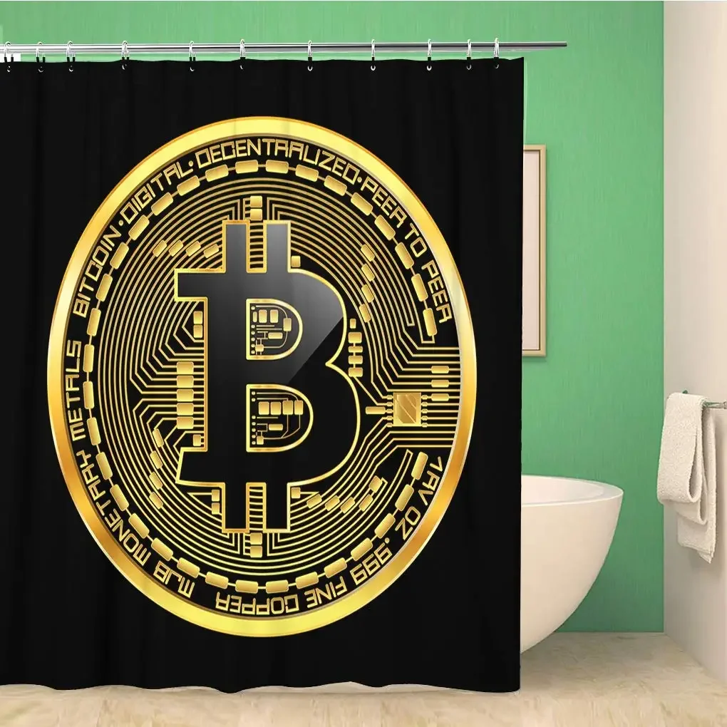 Bitcoin Bathroom Shower Curtain Crypto Currency Golden Coin Black Lackered Bitcoin Symbol Polyester Waterproof Bath Curtains Set