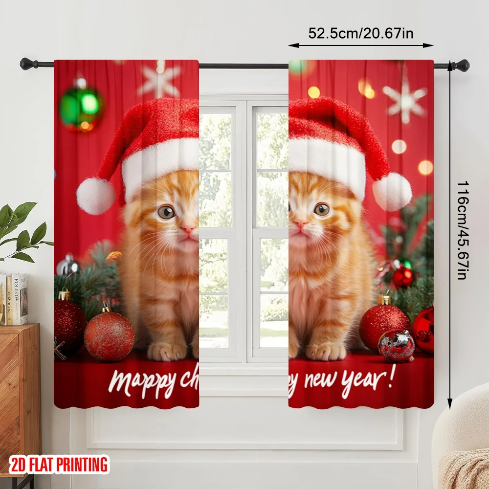 2pcs,2D plane printing Curtains&Window Treatment Cute Kittens Merry Christmas Happy New Year (2) Polyester (without rod)