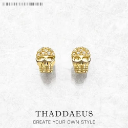 Golden Skull Pave Stud Earrings,Europe Rebel Street Punk Fine Jewerly For Women Men Gift In 925 Sterling Silver
