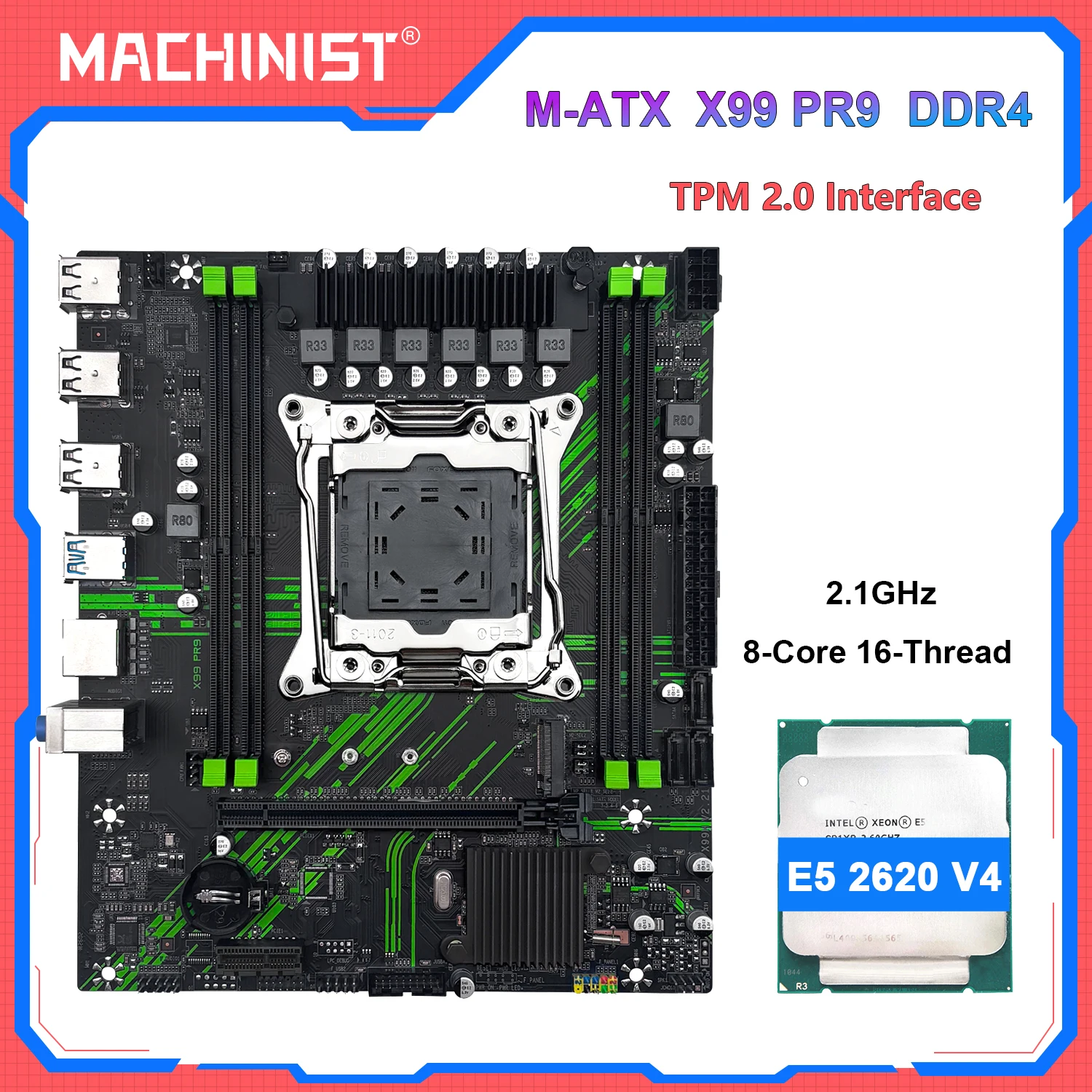 Материнская плата MACHINIST X99 PR9 LGA 2011-3 с процессорами Xeon E5 2640 V4 / E5 2620 V4, поддержка TPM2.0, DDR4 RAM, слоты SATA/NVME M.2
